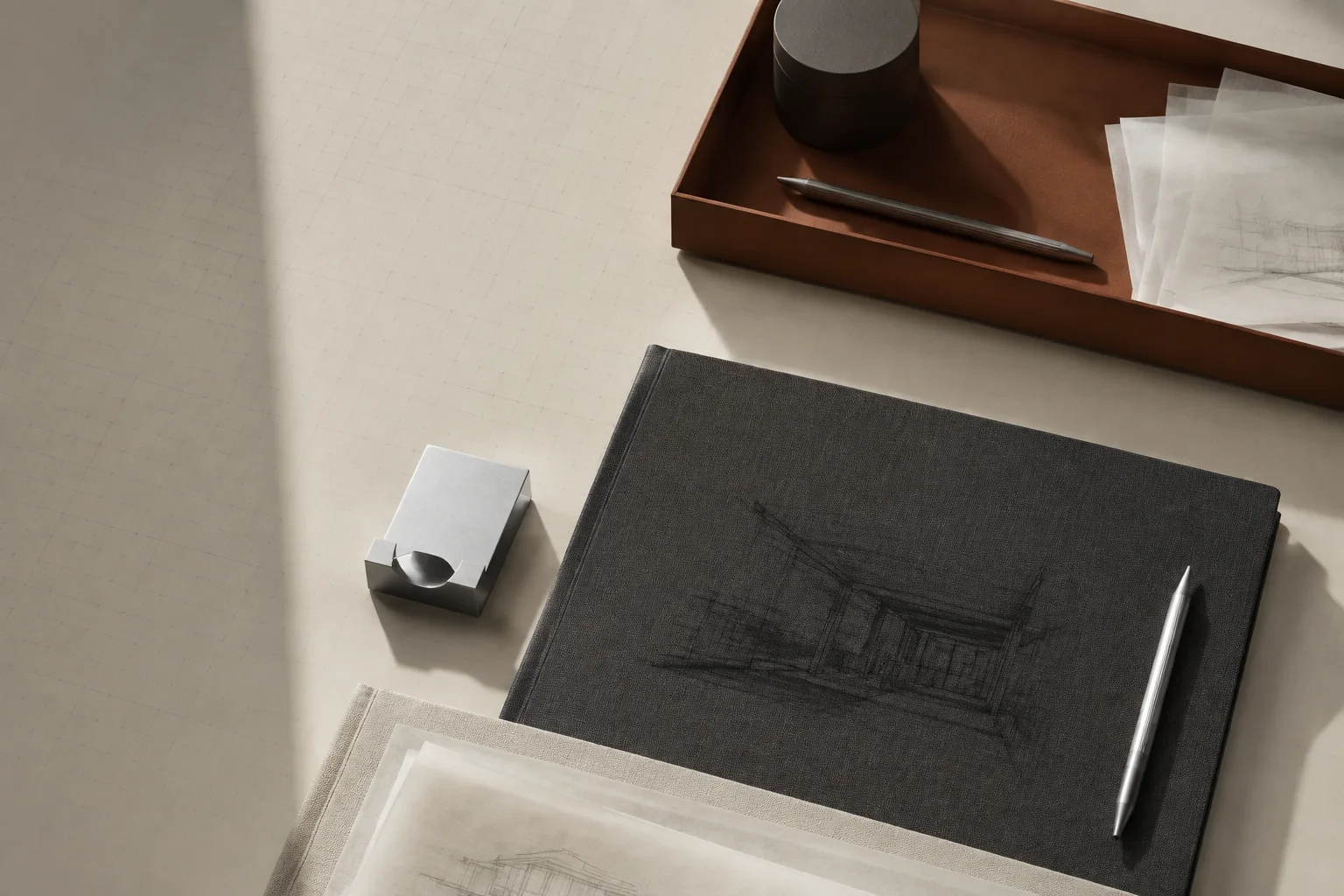 Arkitektonisk arbejdsbord med LINJEFELT-produkter